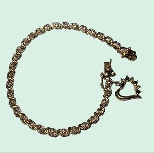 Sterling Silver, Sapphire And CZ Heart Charm Textured Link Bracelet